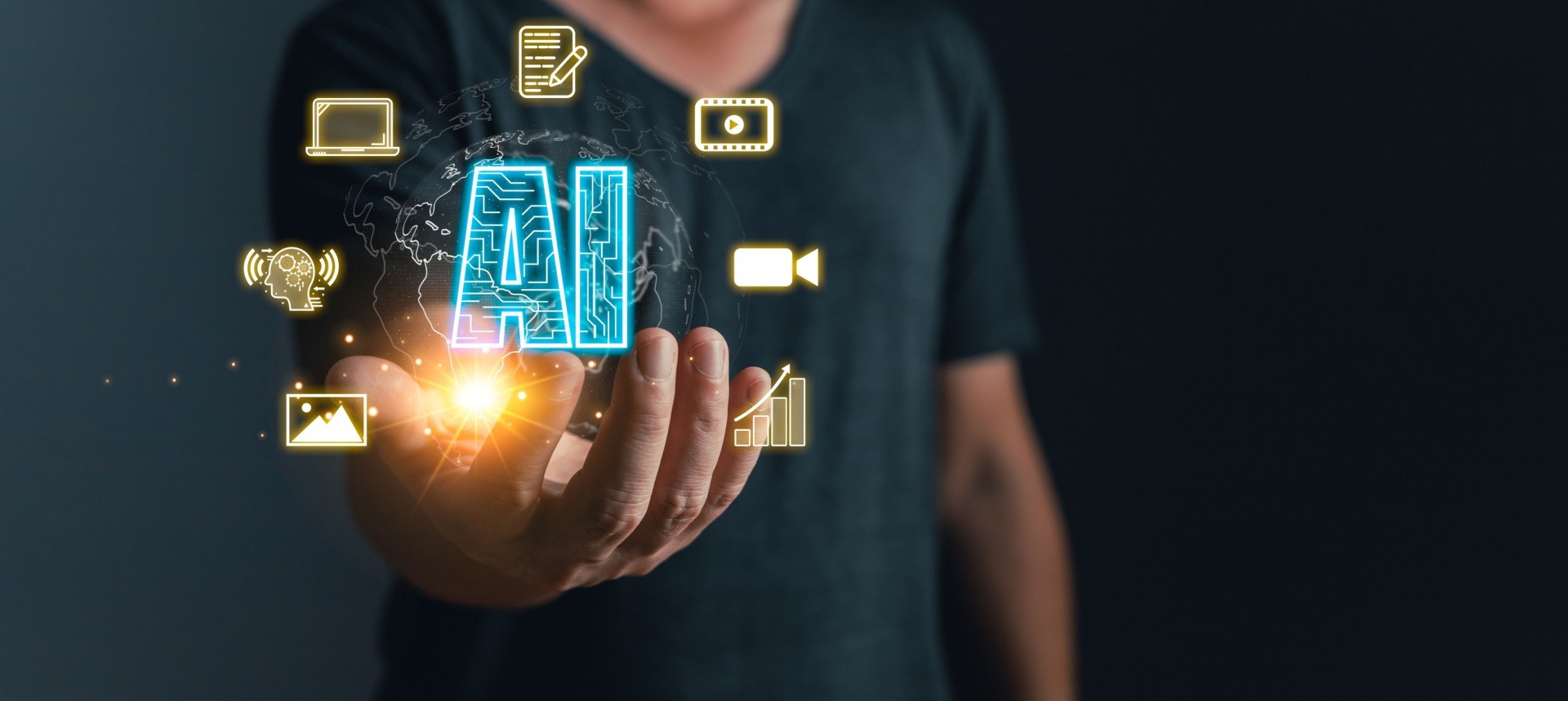 Man with AI graphic in front of him
