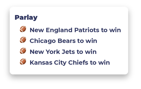 Parlay bet example showing New England Patriots, Chicago Bears, New York Jets and Kansas City Chiefs to win