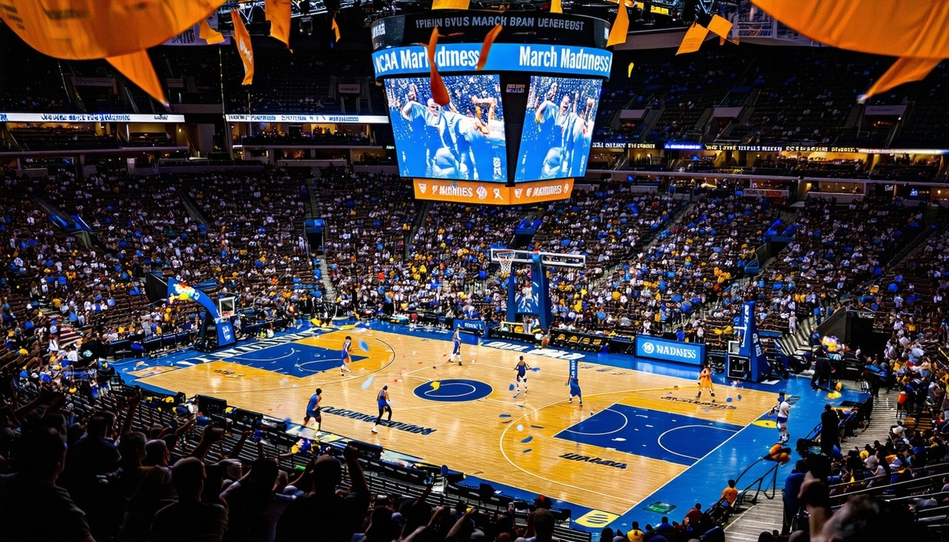 The image captures the electrifying atmosphere of a packed basketball arena during the NCAA March Madness tournament The court is marked with vibrant team colors with players in actionone team in dark uniforms dribbling the ball while an opponent in-1