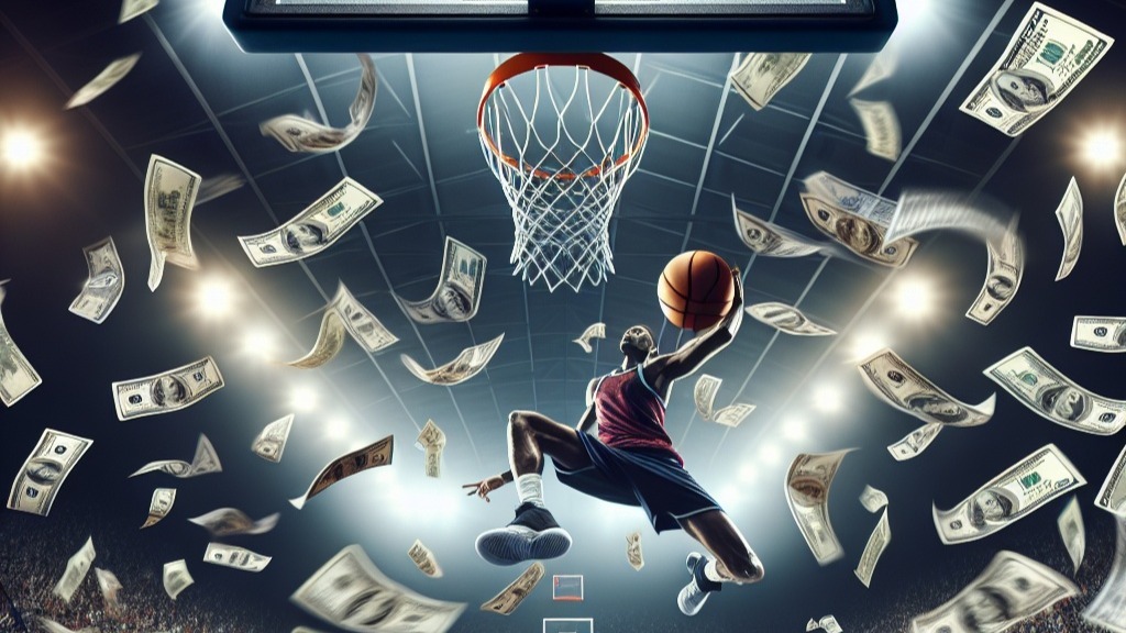 basketball player surround by flying dollar bills