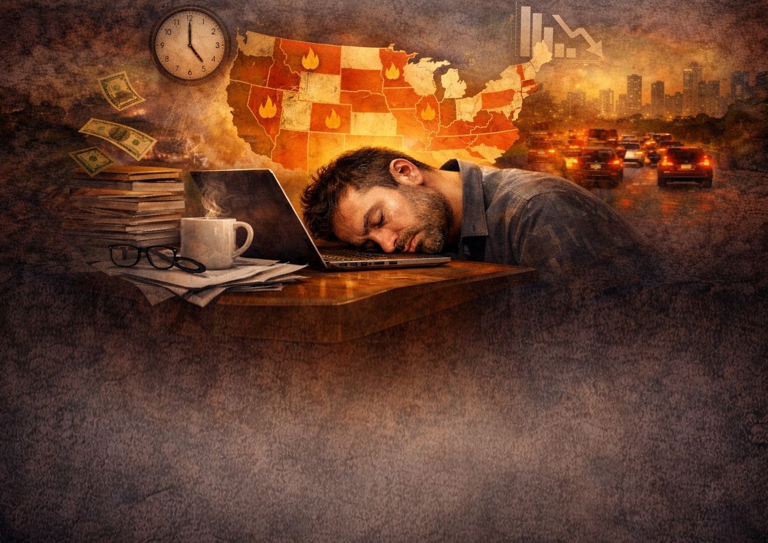 Man burnt out asleep on desk with US map in background