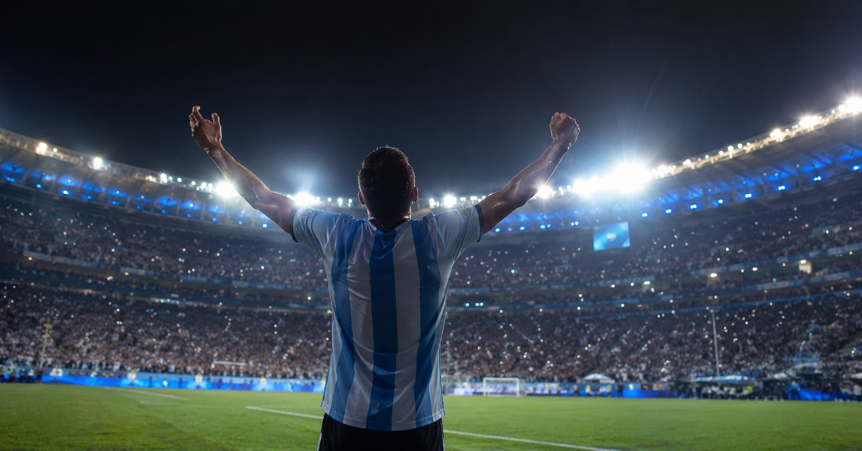 Soccer player silhouette celebrating under stadium floodlights at night, Argentina colors, World Cup atmosphere