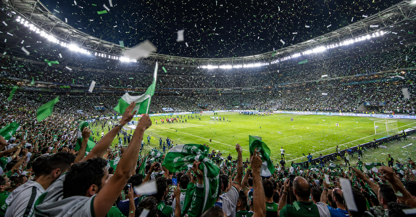 Tens of thousands of soccer fans packed into a stadium under blazing floodlights on World Cup opening night, green and white flags filling the stands