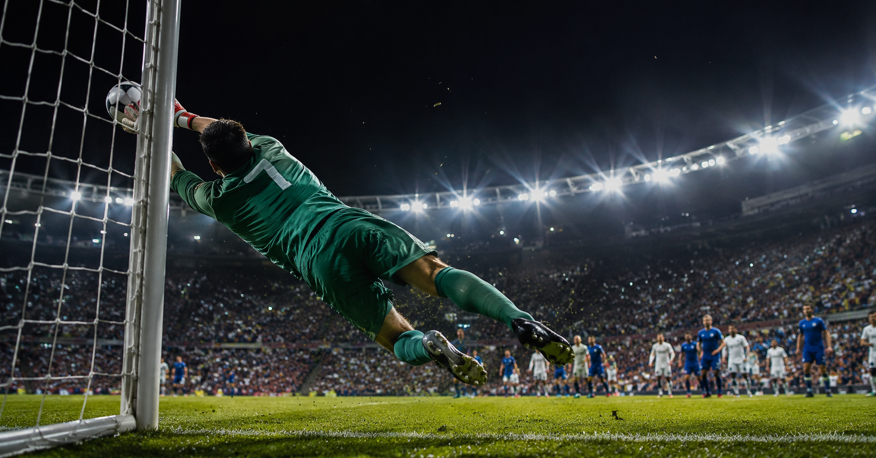 Goalkeeper making a spectacular full-stretch diving save in a packed floodlit stadium, crowd roaring in the background
