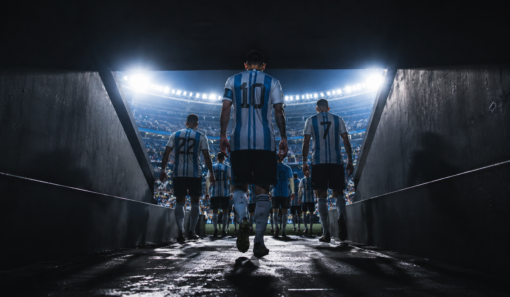 Argentina players walk from a dark stadium tunnel into bright floodlights before a FIFA World Cup 2026 match, highlighting the anticipation and pressure of the tournament.