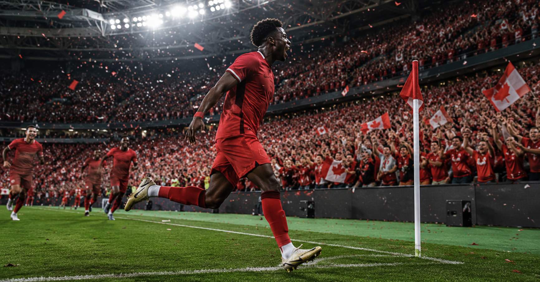 Canadian soccer fans in red and white packing a stadium at night under blazing floodlights, scarves raised, electric home atmosphere