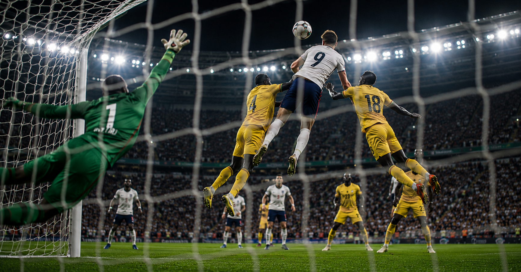 Player heading the ball at goal from a corner, defenders leaping, goalkeeper at full stretch, blazing stadium lights at night