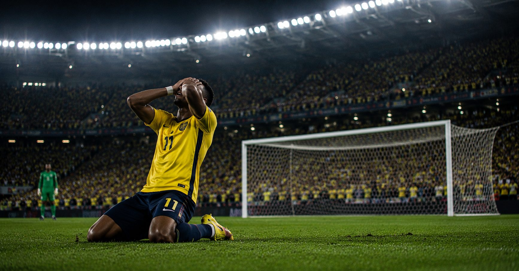 Player on their knees in frustration after a missed chance, head in hands, the empty net visible in the background, stadium crowd stretching into the darkness behind