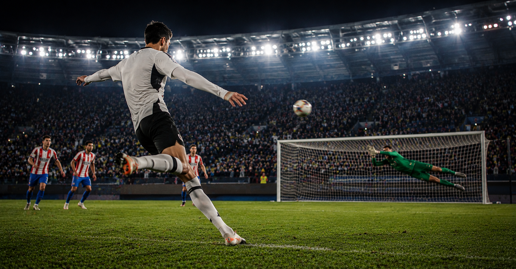 Forward striking the ball cleanly on the volley, perfect contact, the ball a blur toward goal, goalkeeper diving full stretch, stadium floodlights blazing overhead