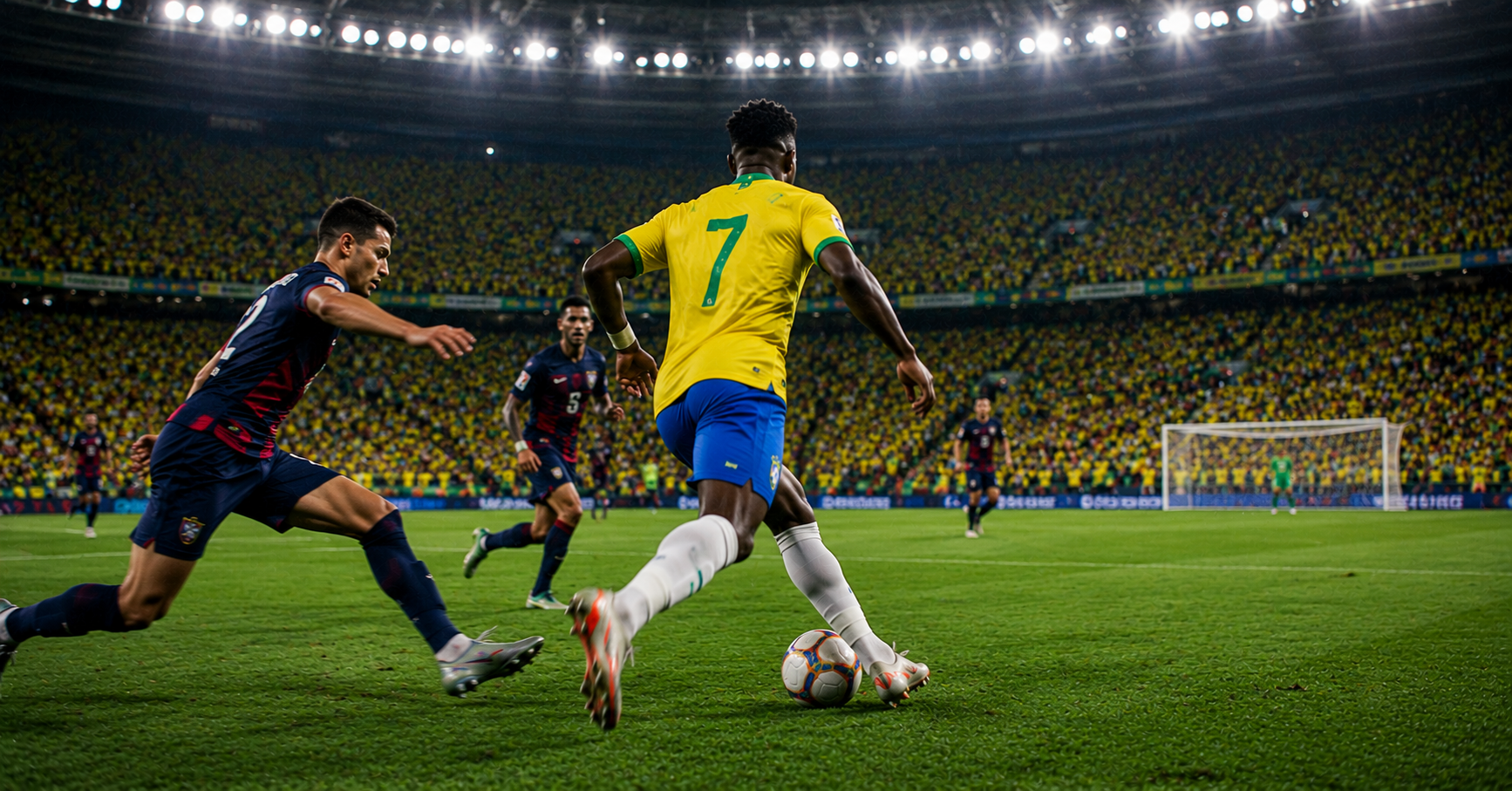 Brazil number 7 soccer player cutting in from the right of the pitch against Japan defender