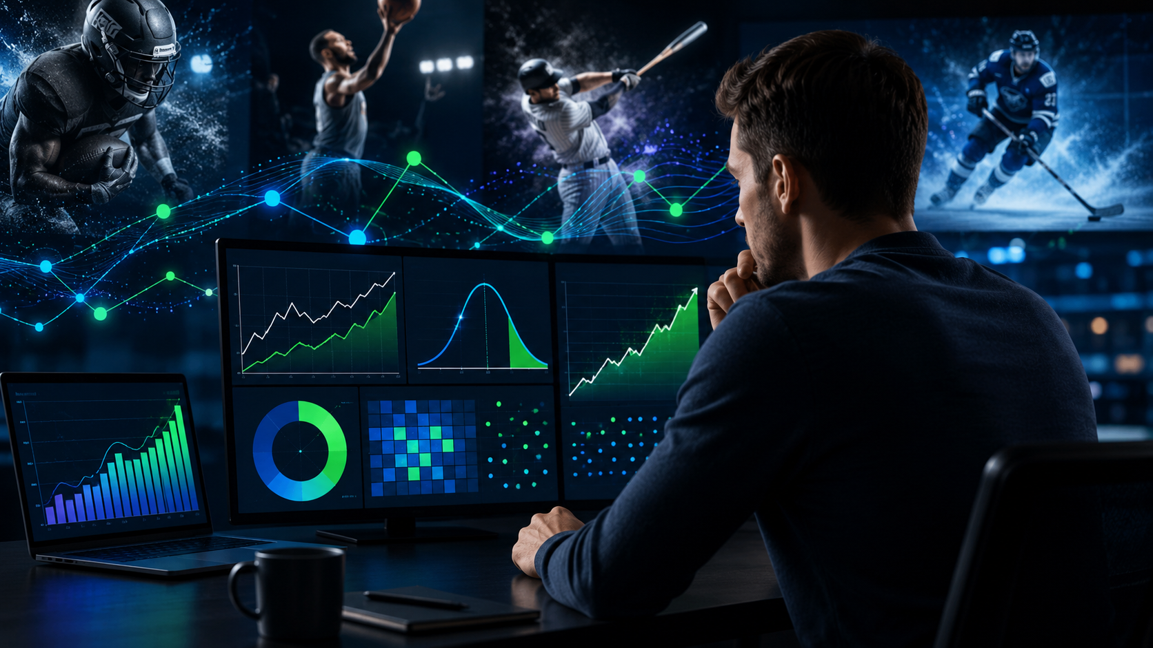 a man sat in front of multiple screens showing different graphs and pie charts
