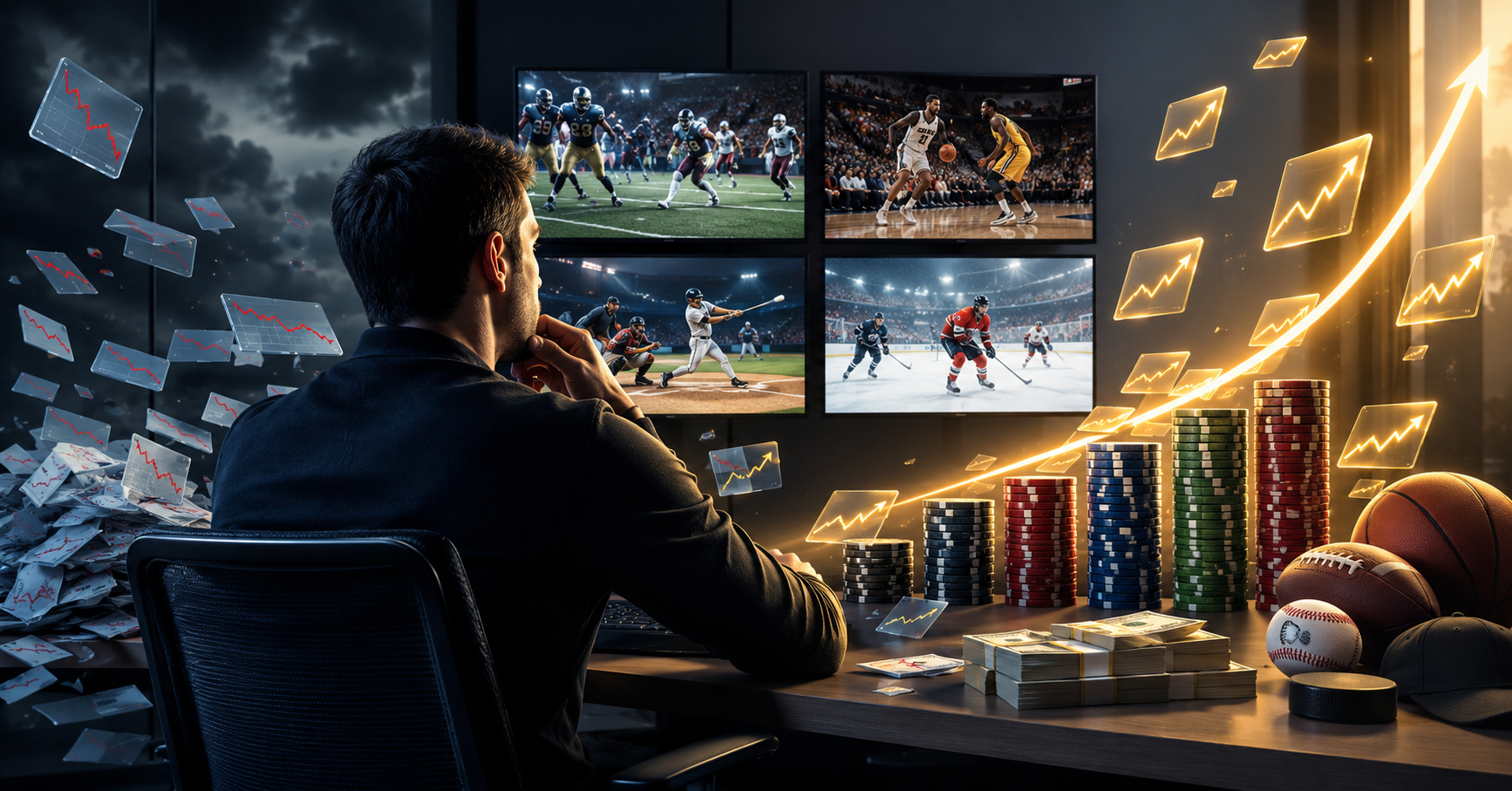 man sat in front of 4 monitors watching american sports matches with graphs floating around in the air