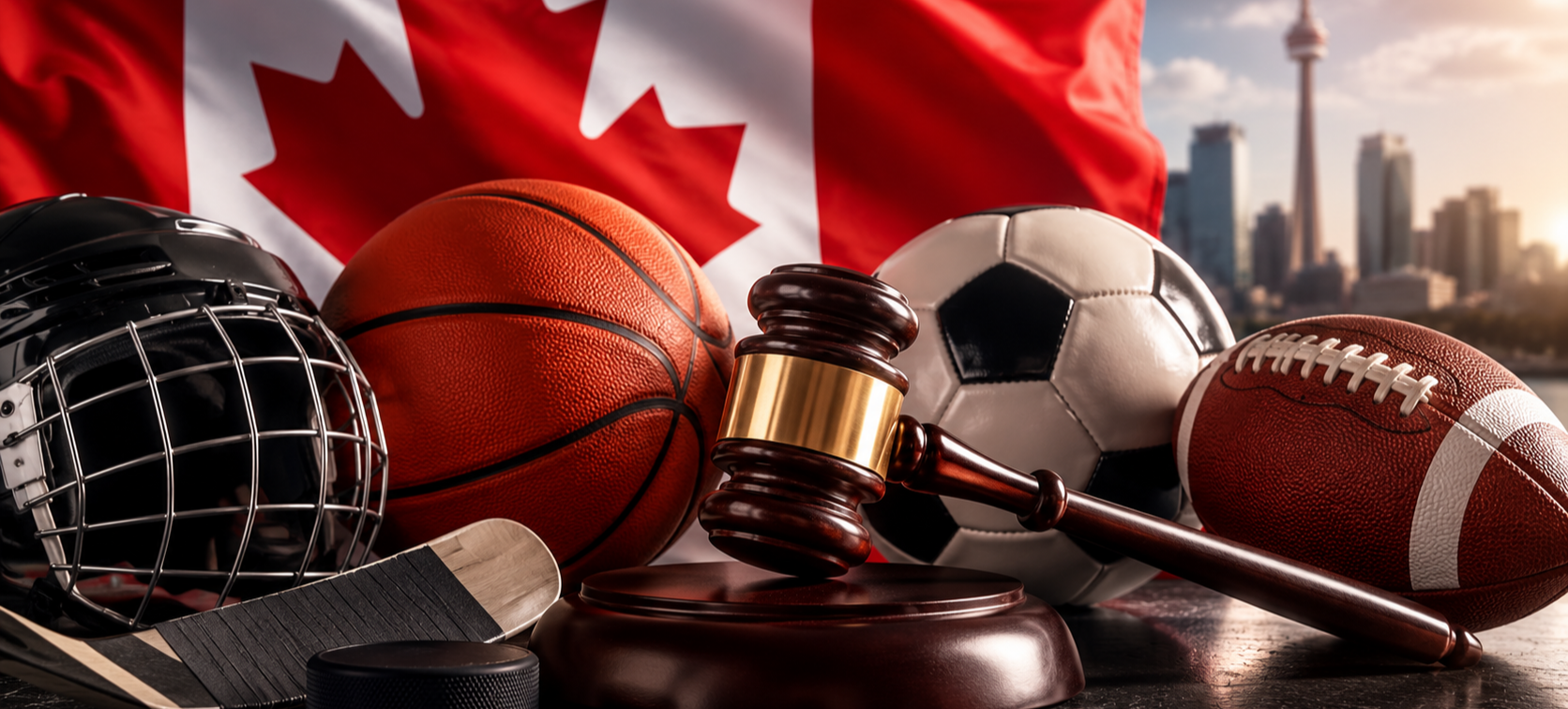 a gavel with sports equipment and a canadian flag in the background