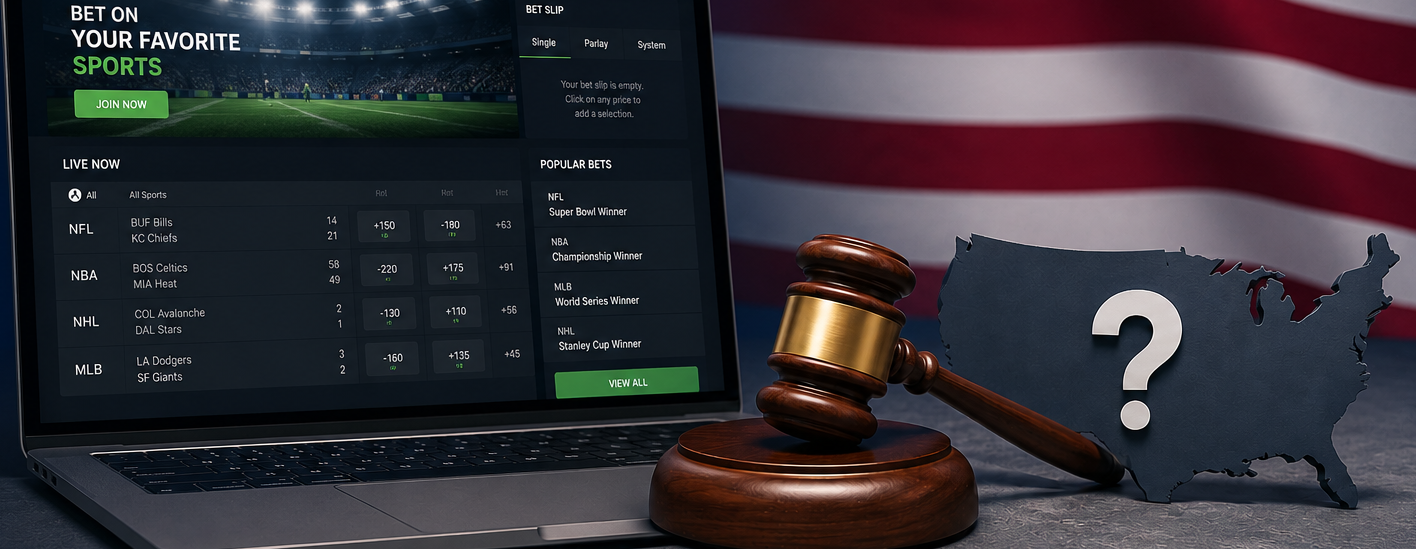Sports betting on a laptop by a gavel
