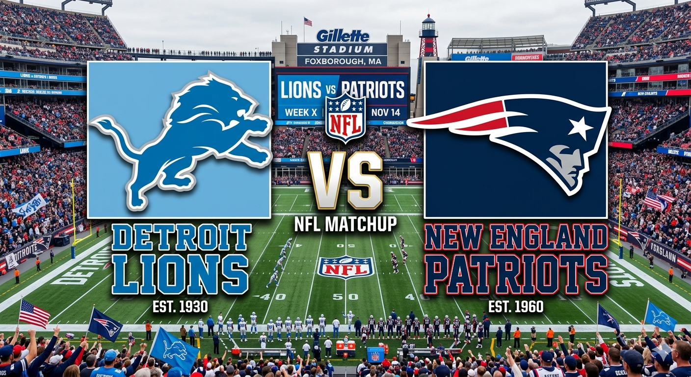 picture of a football stadium with the detroit lions and new england patriots logos side by side
