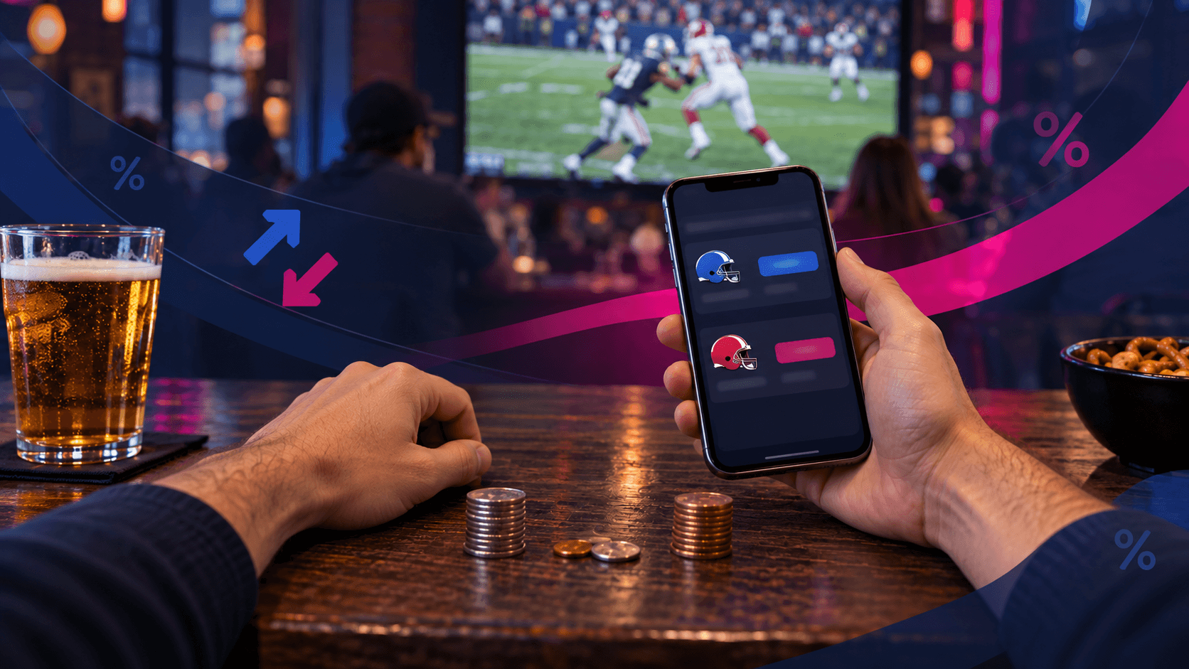 POV male in sports bar holding a cell phone with low hold betting information onscreen