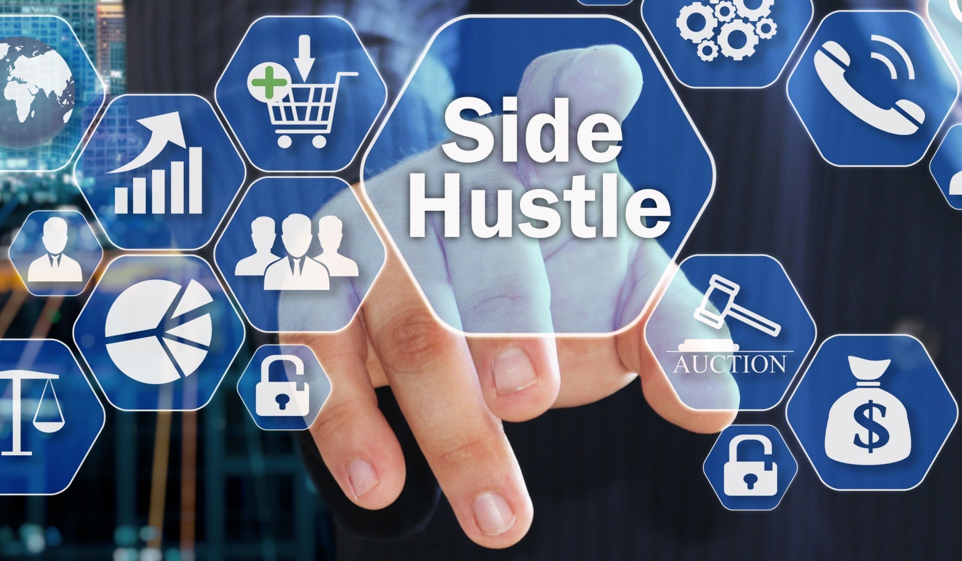 Man pointing his hand toward a side hustle graphic with images relating to side hustles around it 