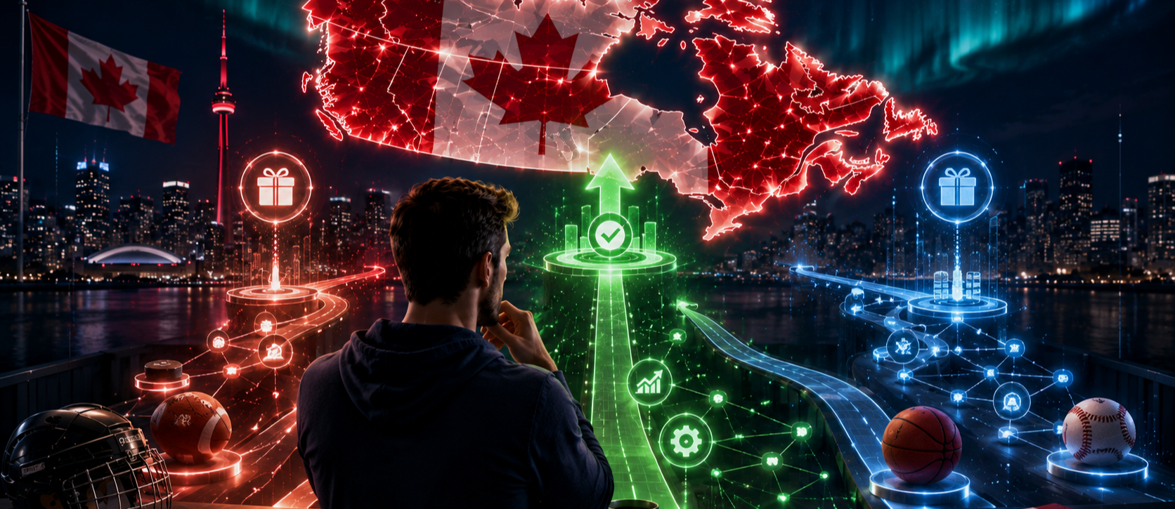 a man stood beneatha map of canada staring at electrical currents leading to gifts