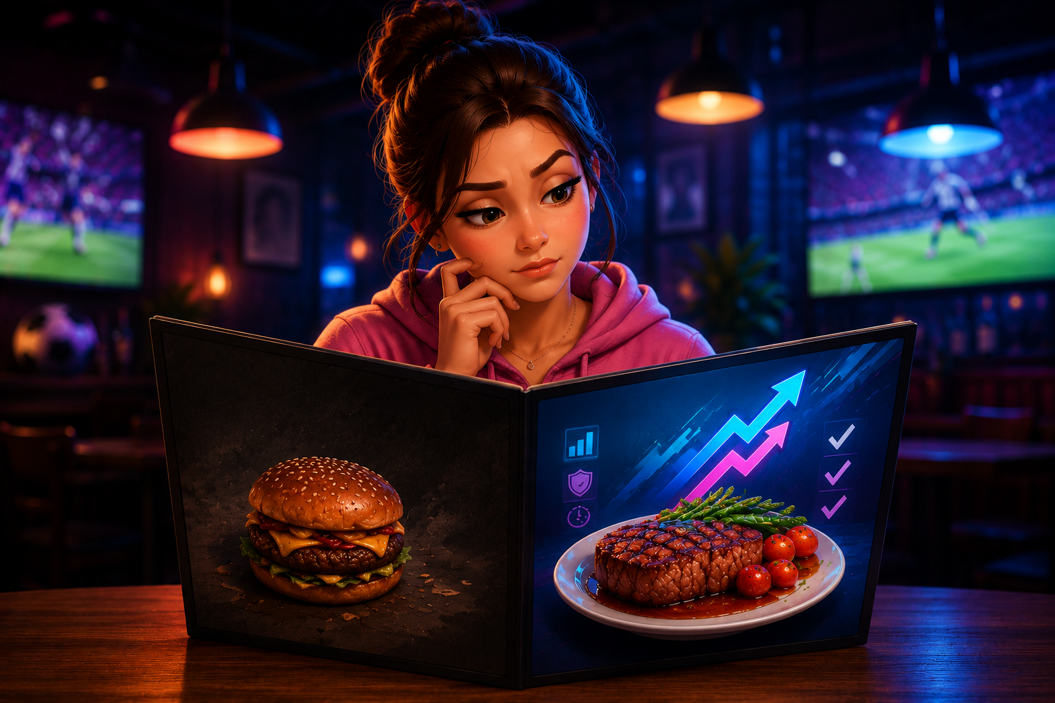 a lady choosing between a burger and a steak