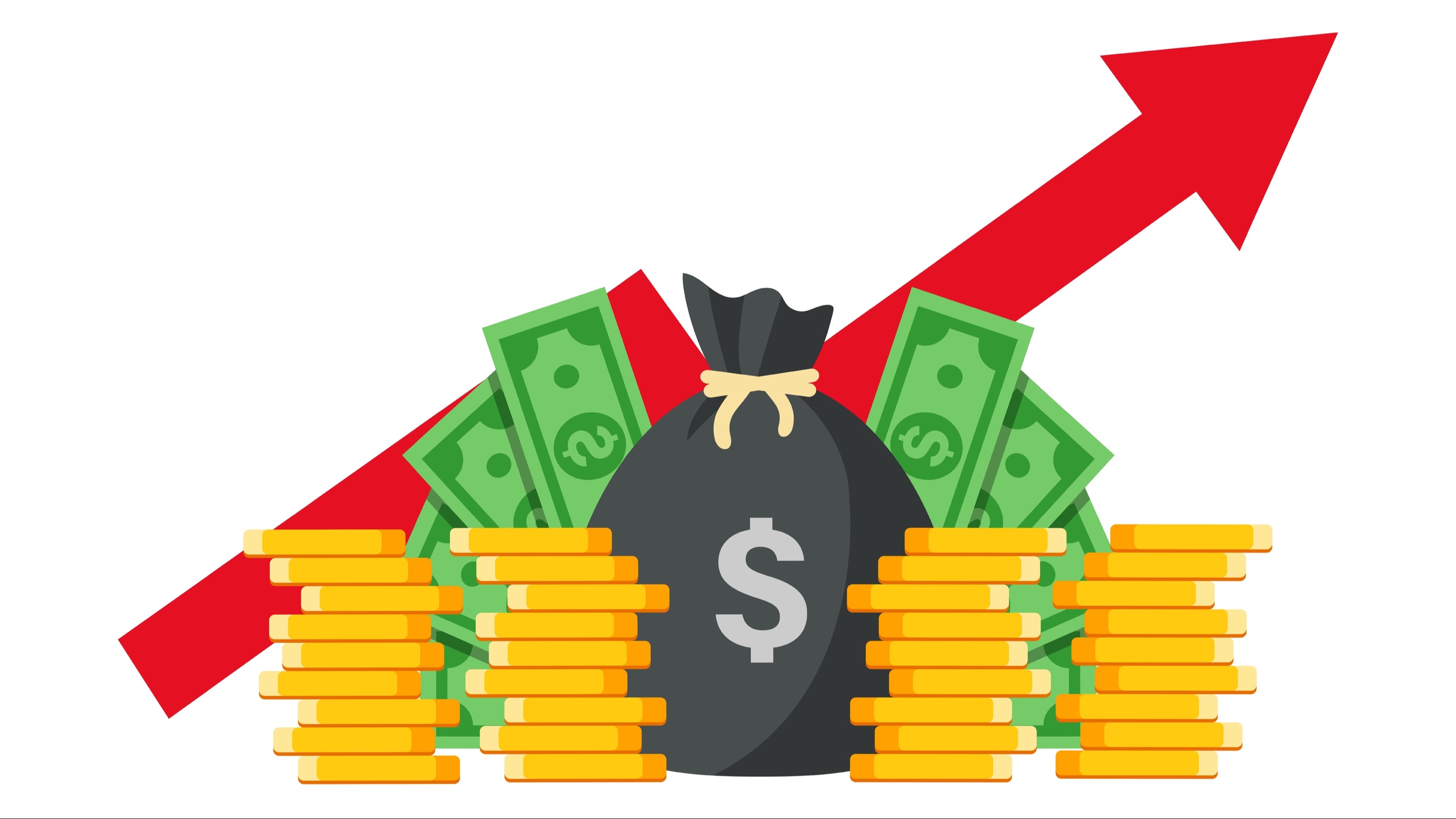 stacks of coins and dollar bills with a red arrow pointing upwards to indicate profits building