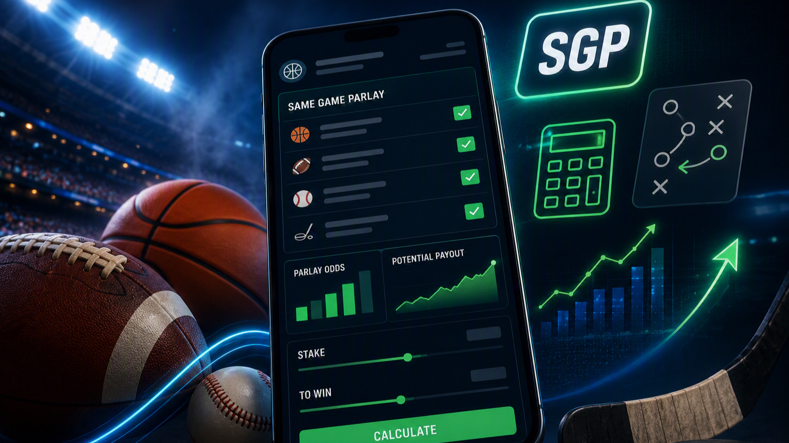 Same game parlay calculator on a mobile with sports balls in the background