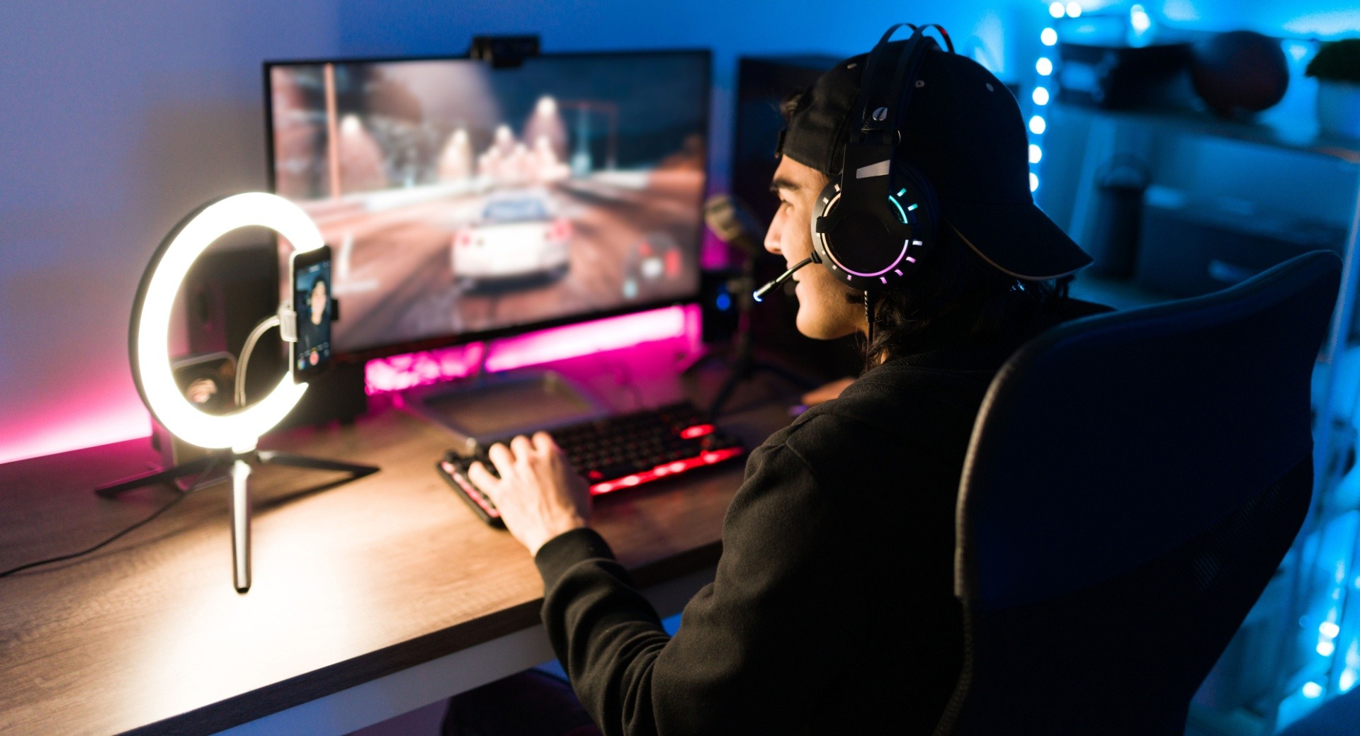 Person playing video games live streaming 