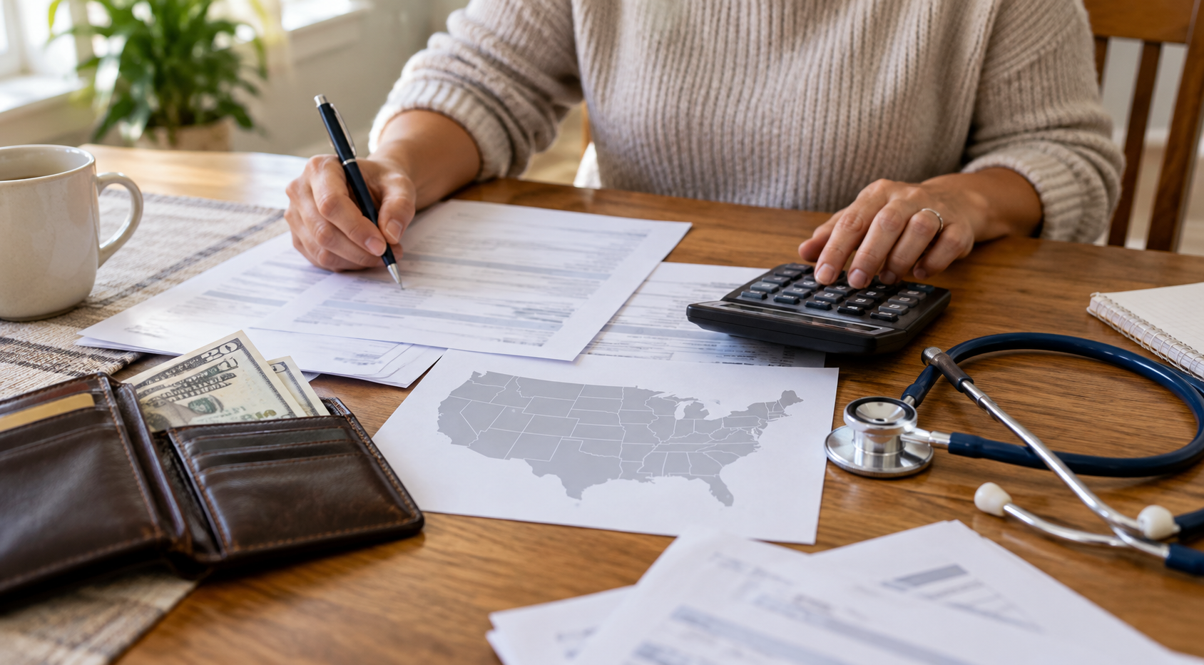 female with calculator working out health insurance costs in the US
