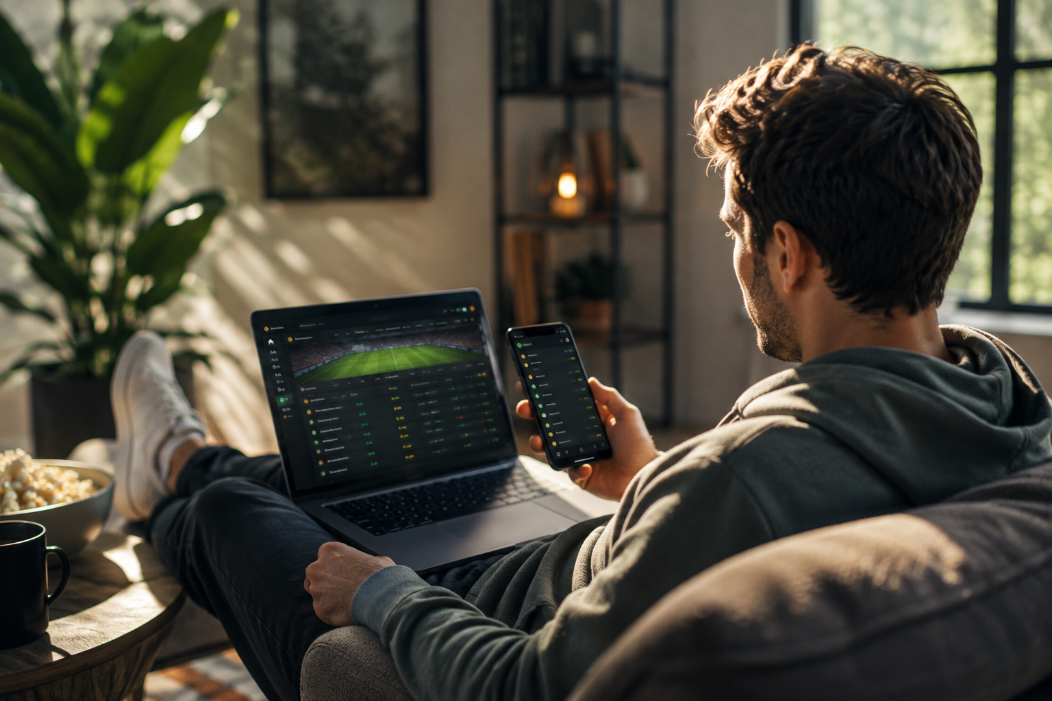 individual male sitting on the sofa with an iphone and laptop open to sports betting sites