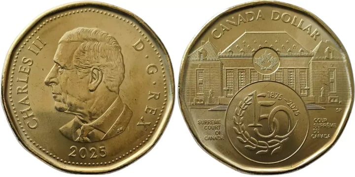 Canada 1 dollar coin displaying the front and back
