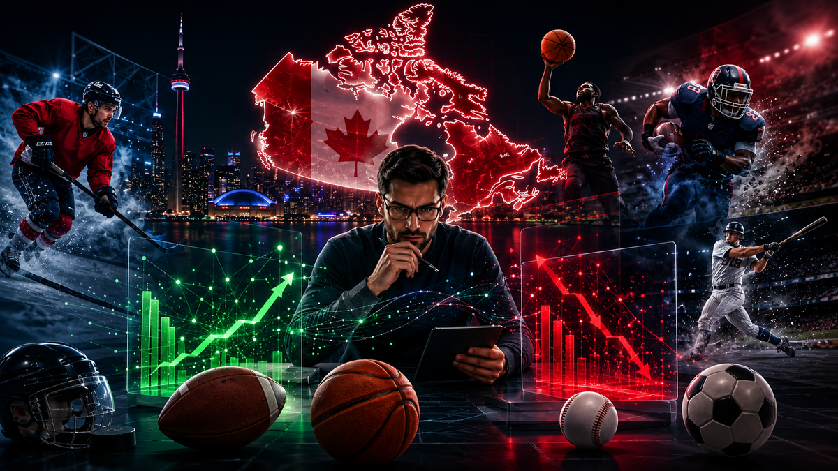 man surrounded by neon graphs, a canada flag & sports players in action