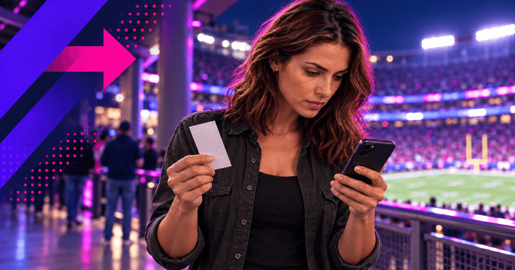 young women in a stadium concourse overlooking an American football field. She is comparing a printed ticket with her smartphone, with a slightly questioning expression.