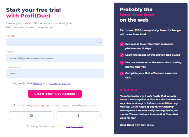 ProfitDuel free trial screen