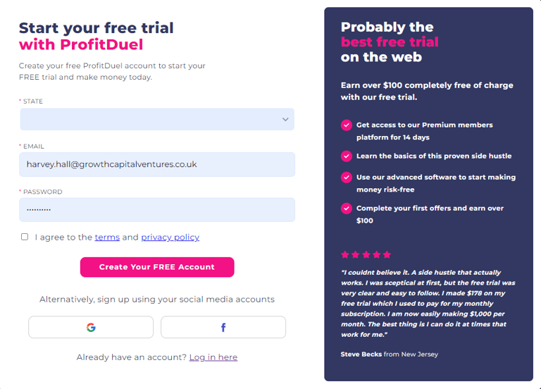 ProfitDuel free trial screen