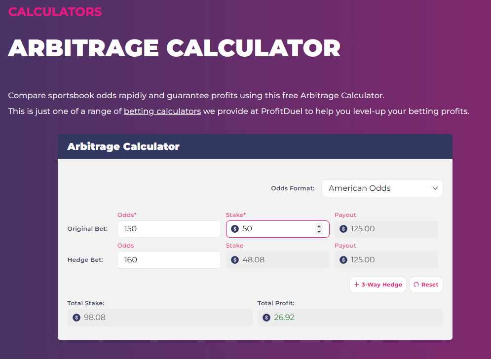 Screenshot of arbitrage betting calculator