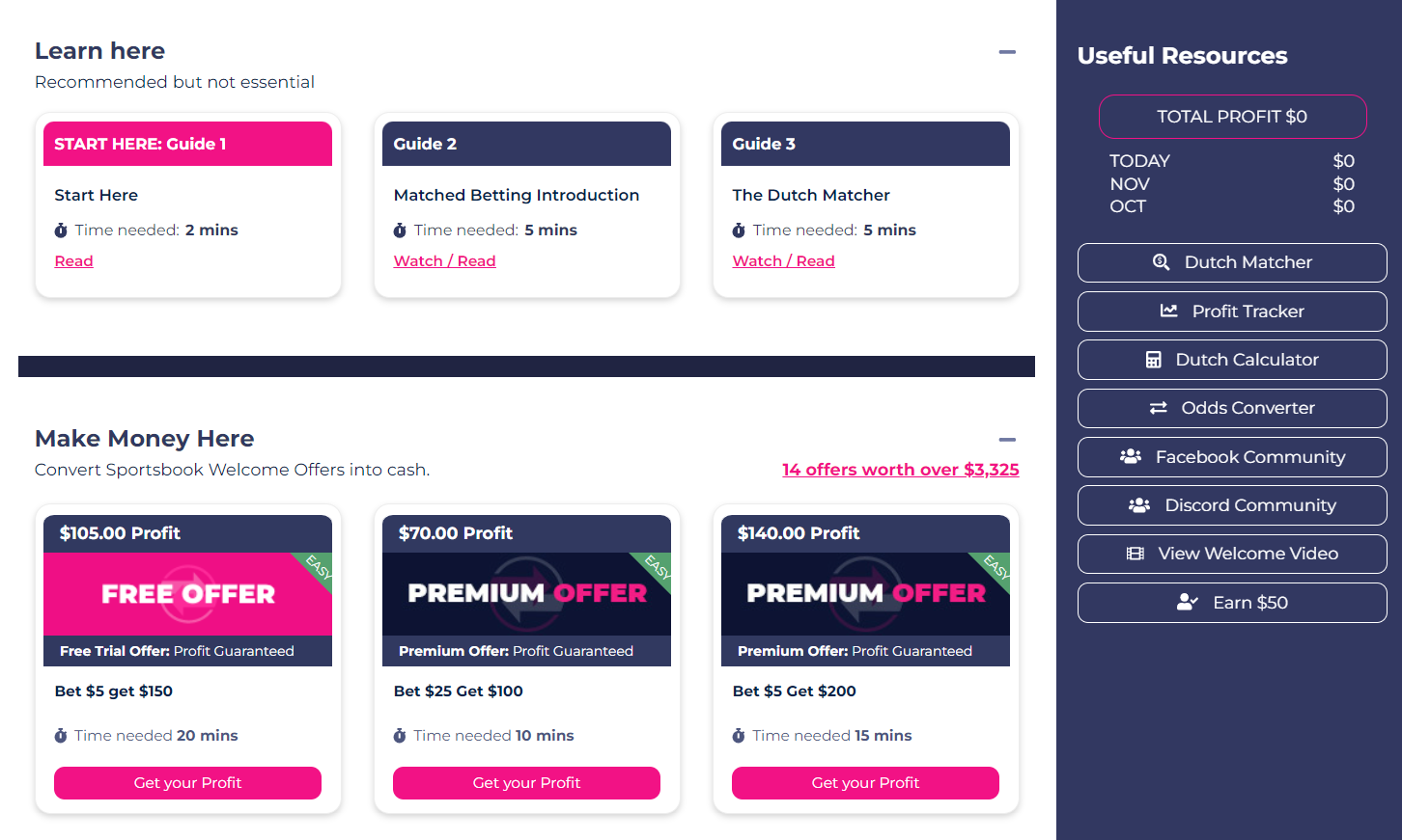 Matched betting platform guide screen