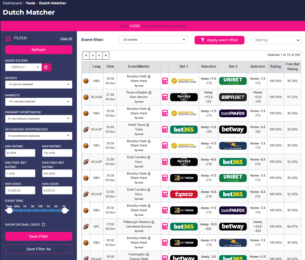 Matched betting platform dutch matcher