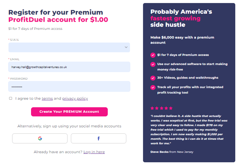 Screenshot of matched betting signup page