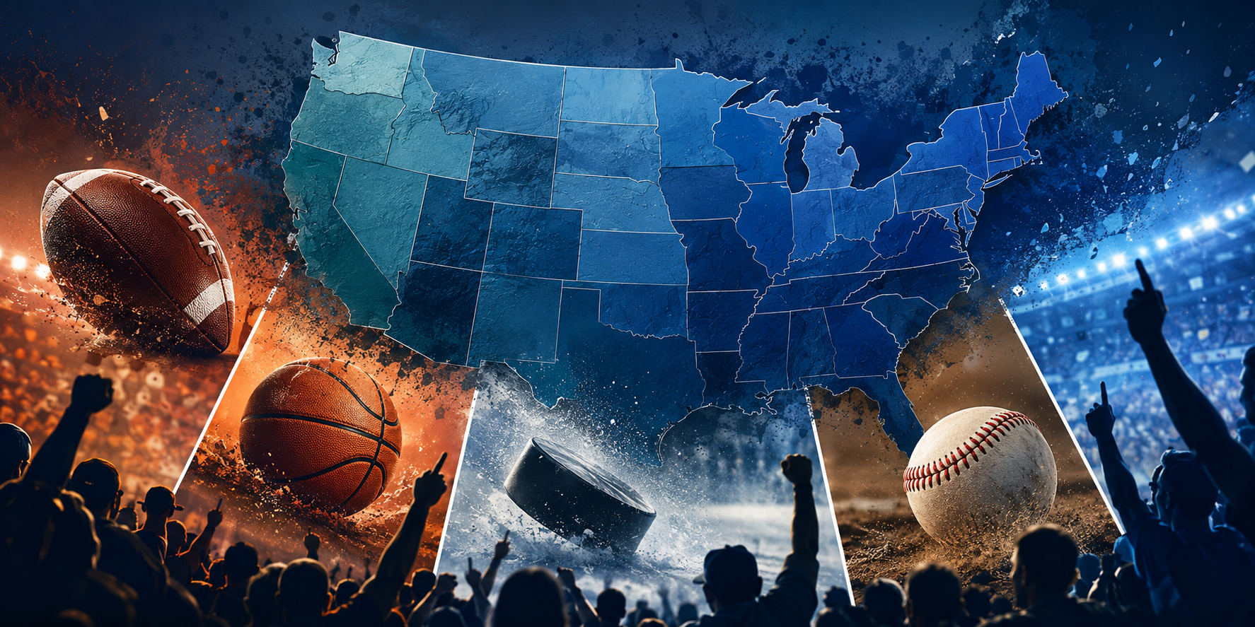 basketball, hockey puck, baseball, football, cheering crowd and outline of the US