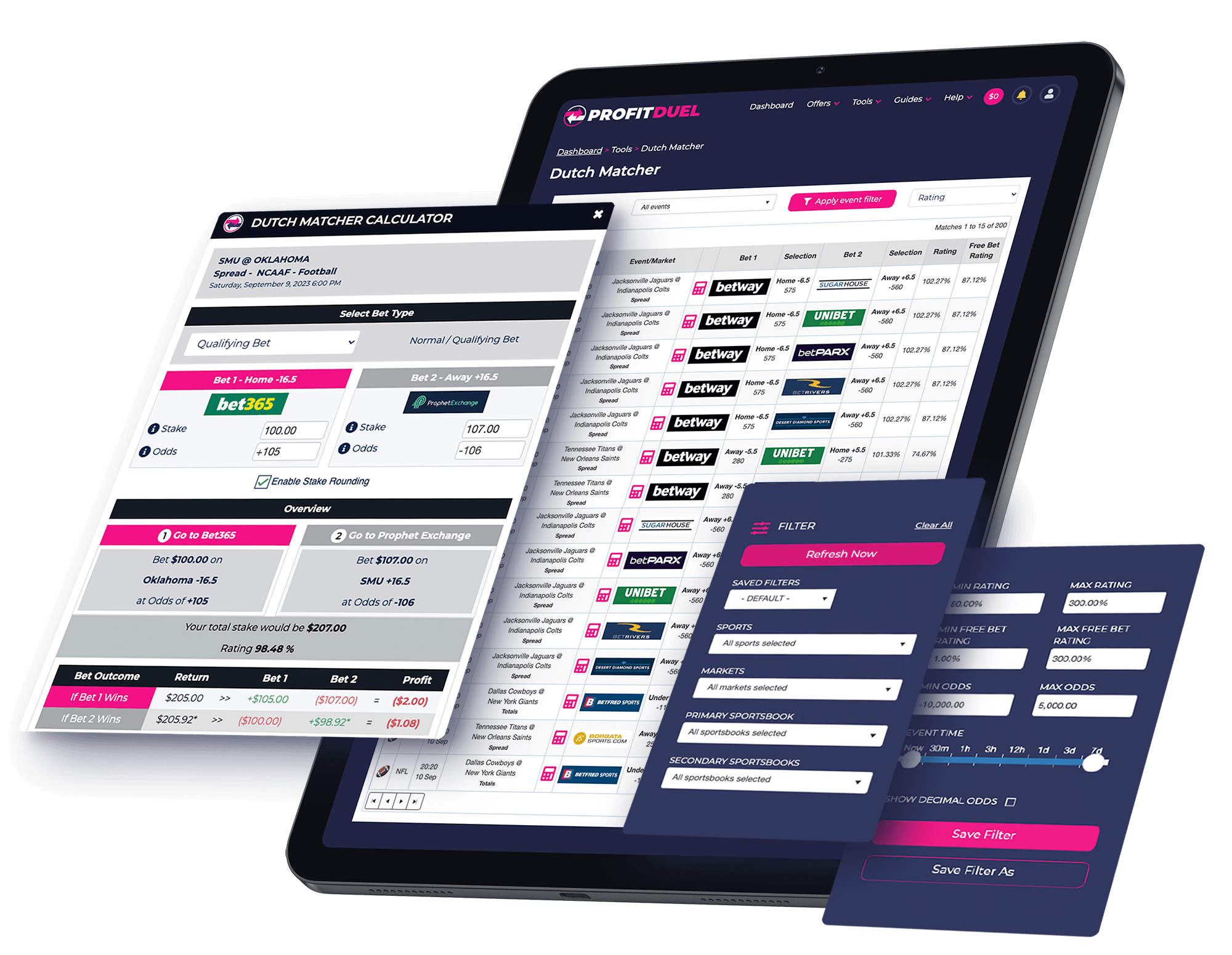 Tablet showing Odds Matcher screen