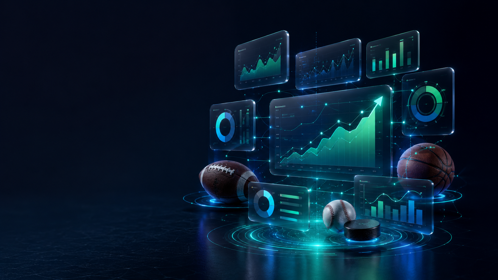 online profit tracker screens surrounded by american sports symbols