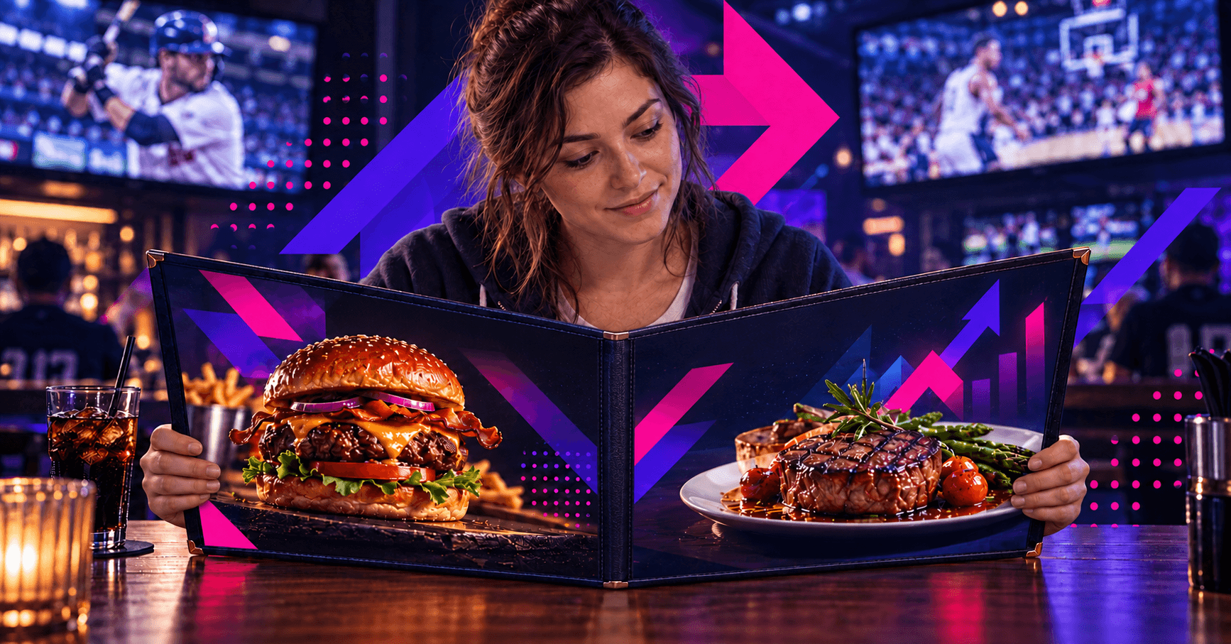 a lady choosing between a burger and a steak