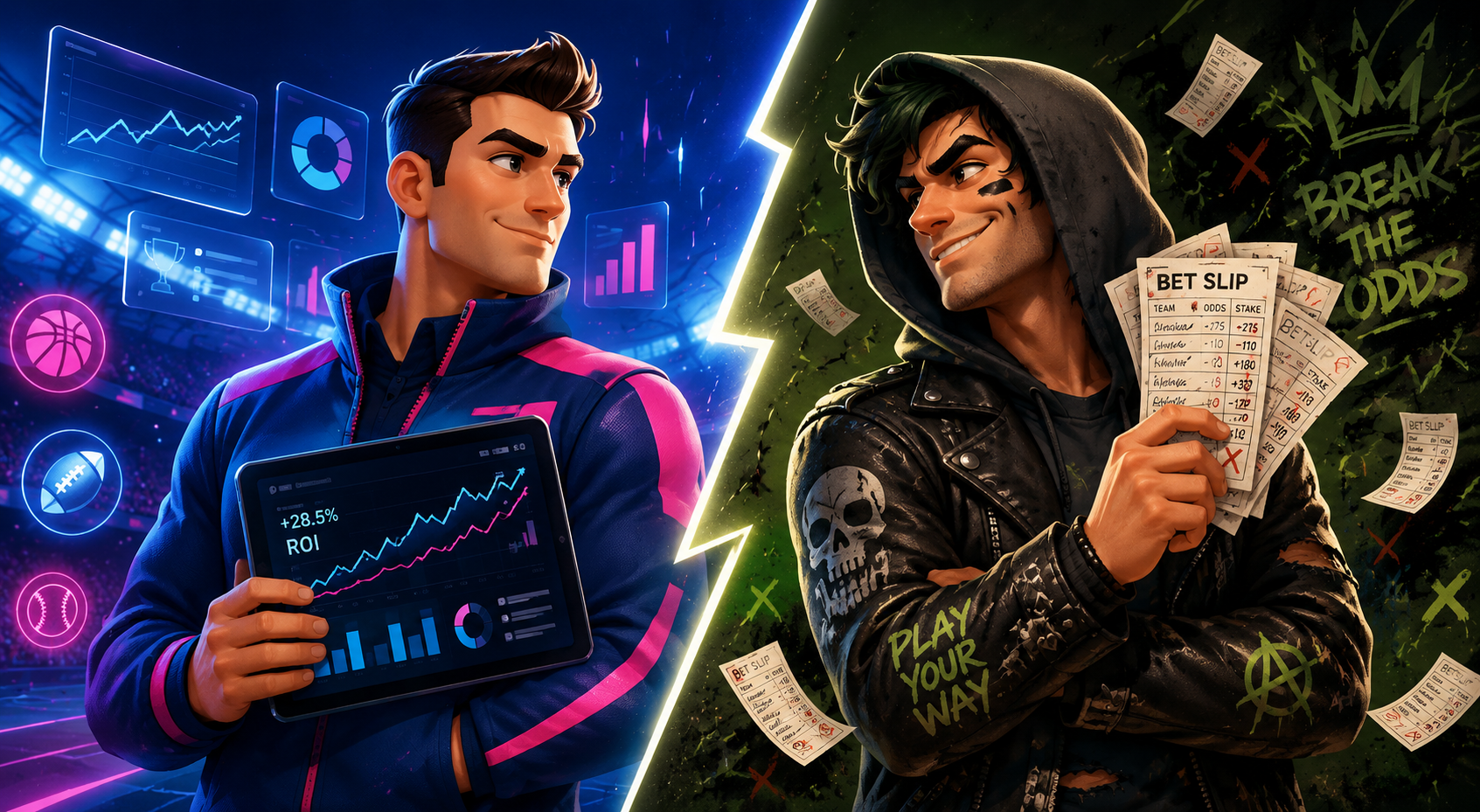 ProfitDuel branded man sizes up against a rebellious-looking figure