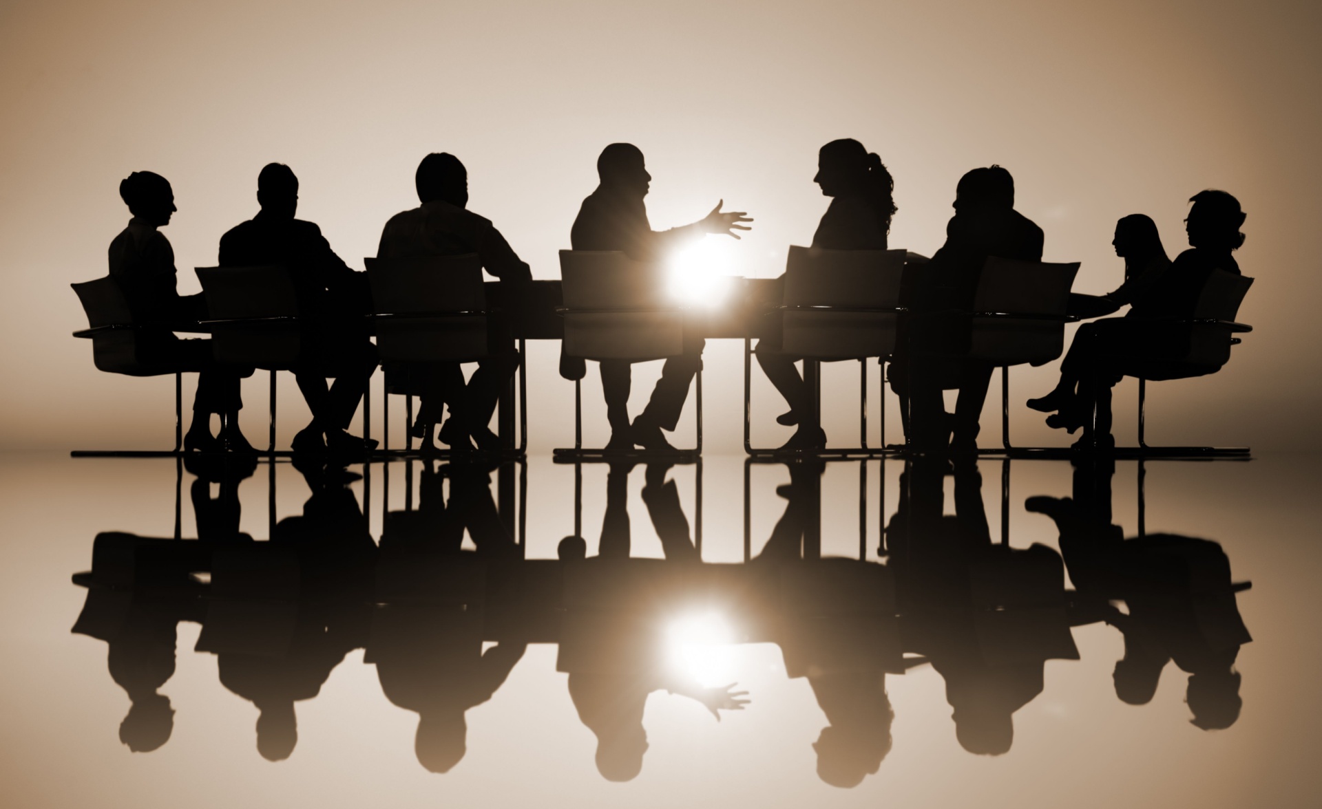 People in a meeting room around a large table. 