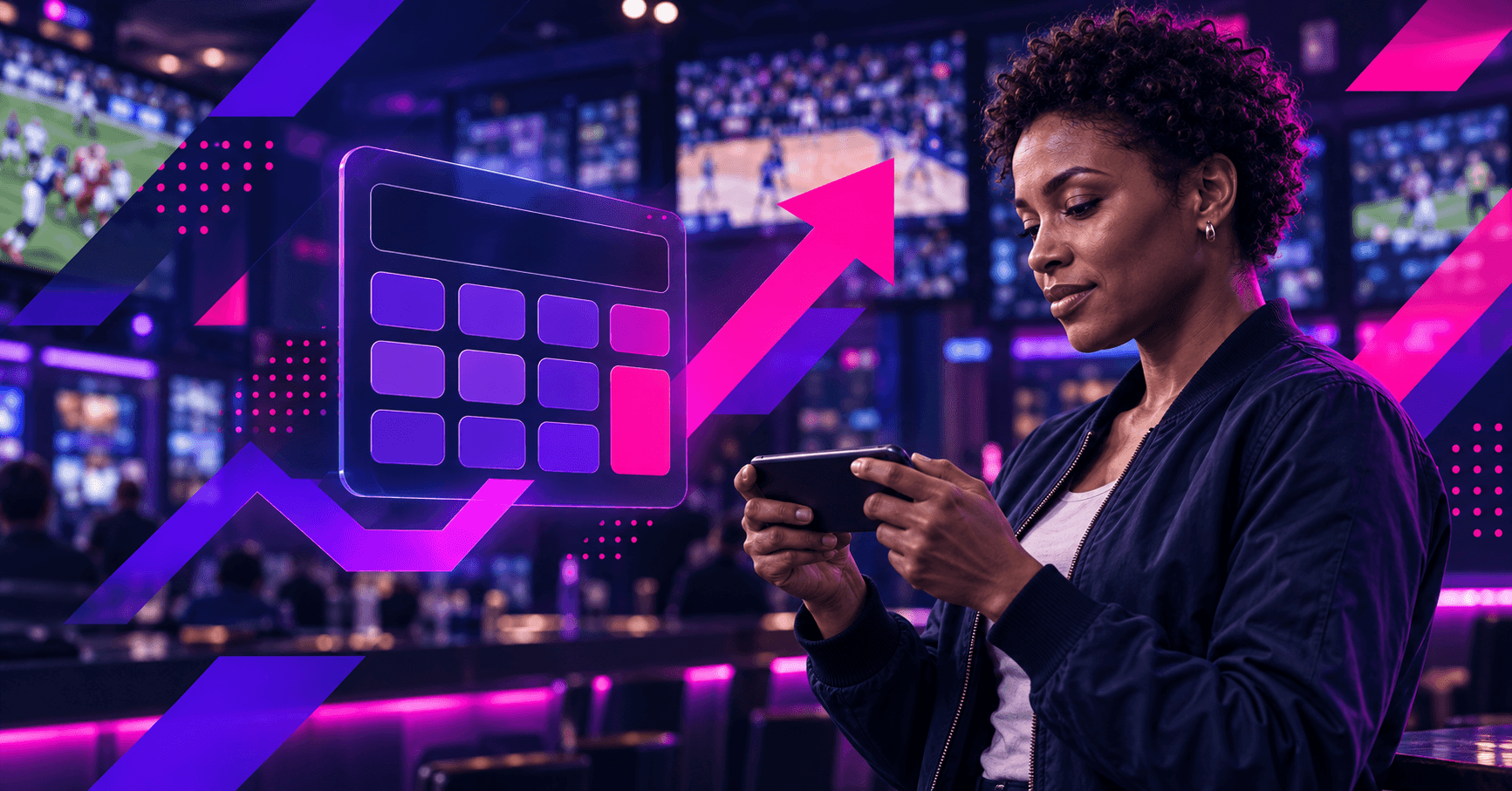 female holding cellphone using a profit boost calculator