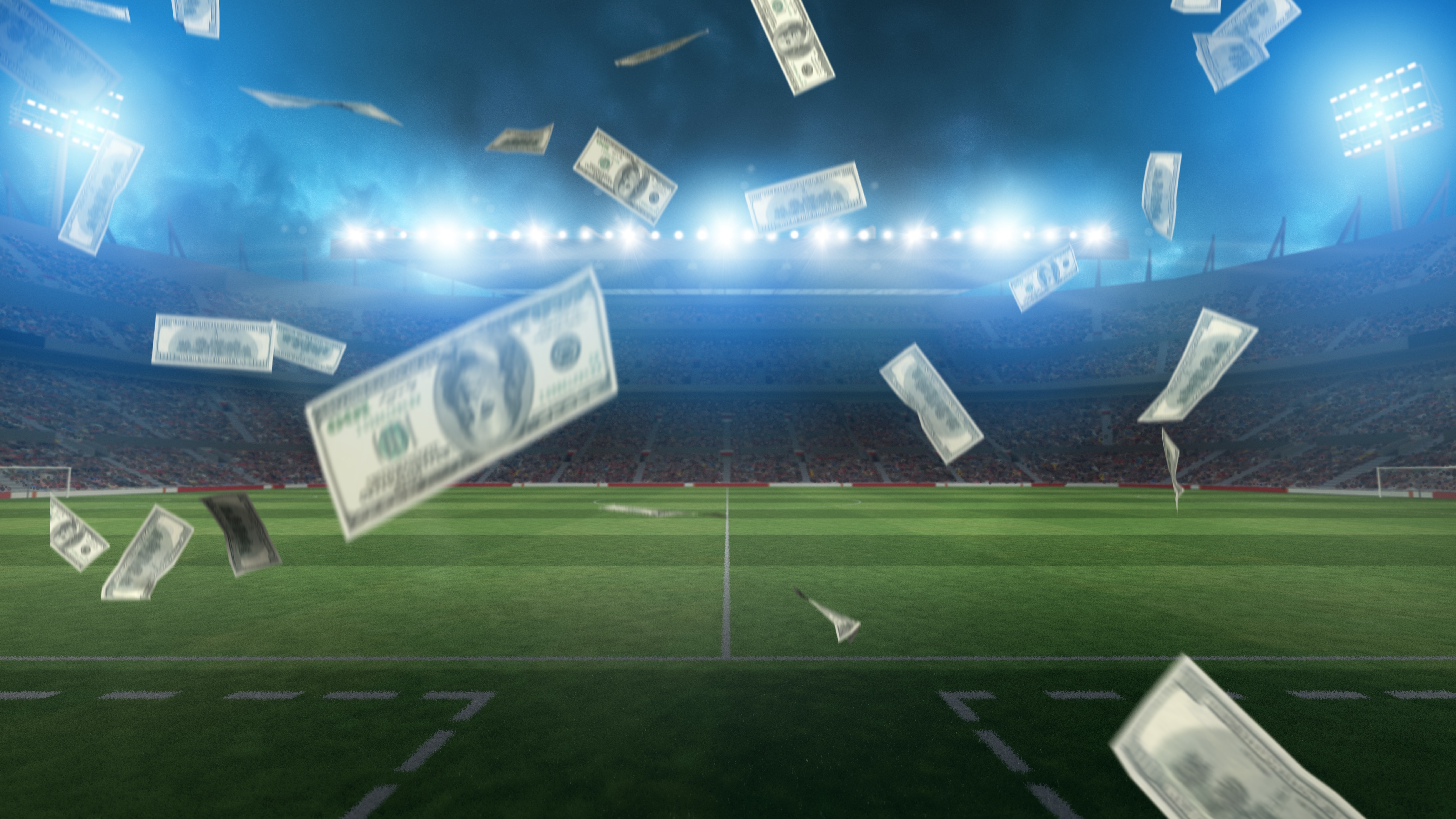 Soccer stadium with money flying across the pitch